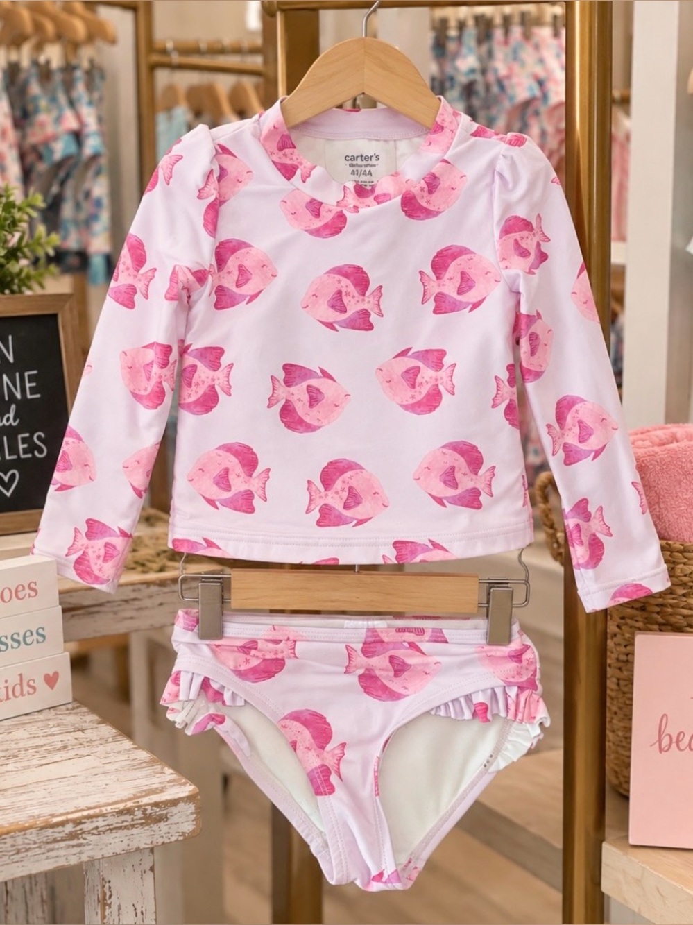 Carter's Girls Pink Fish Print Long Sleeve Rash Guard Swimsuit Set 4T